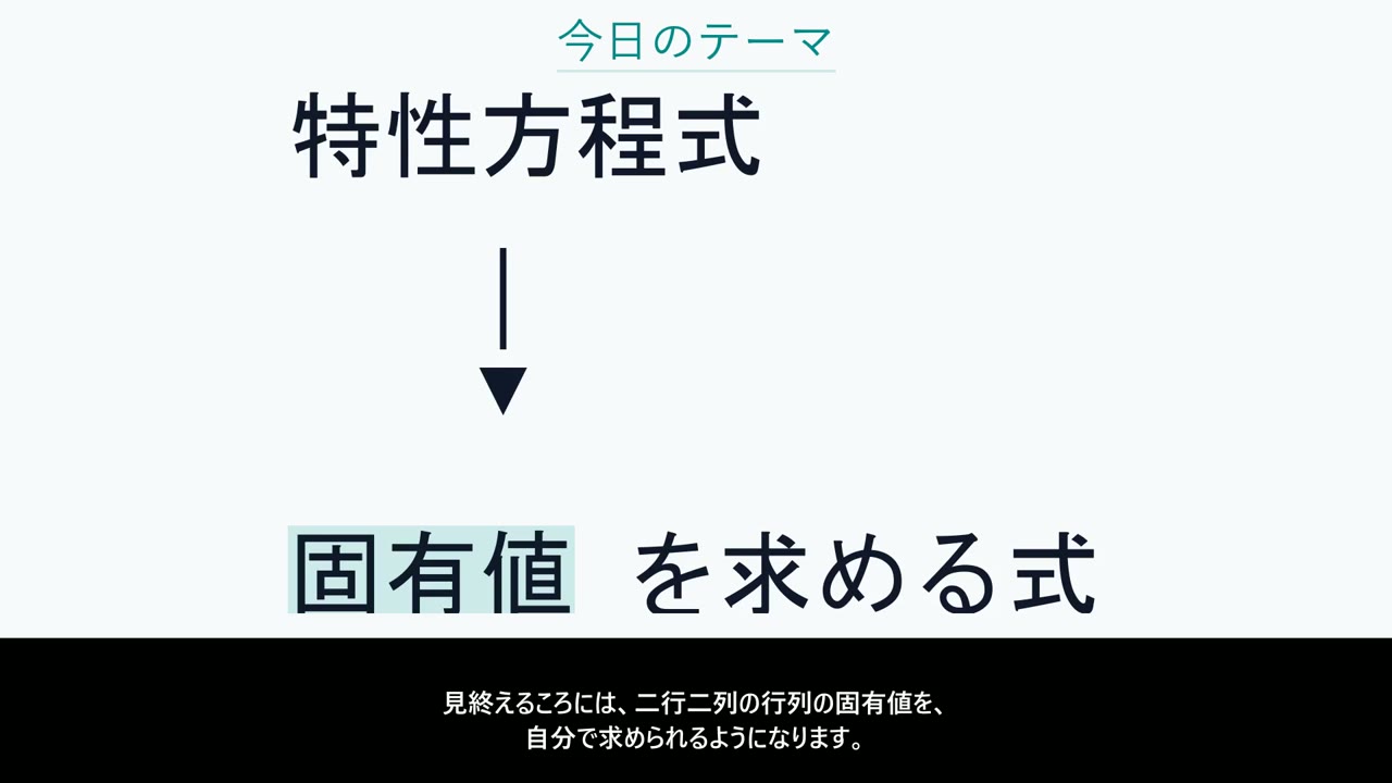 BlockVideoで台本から作成した、線形代数「特性方程式」の解説動画の冒頭（48秒、字幕つき）